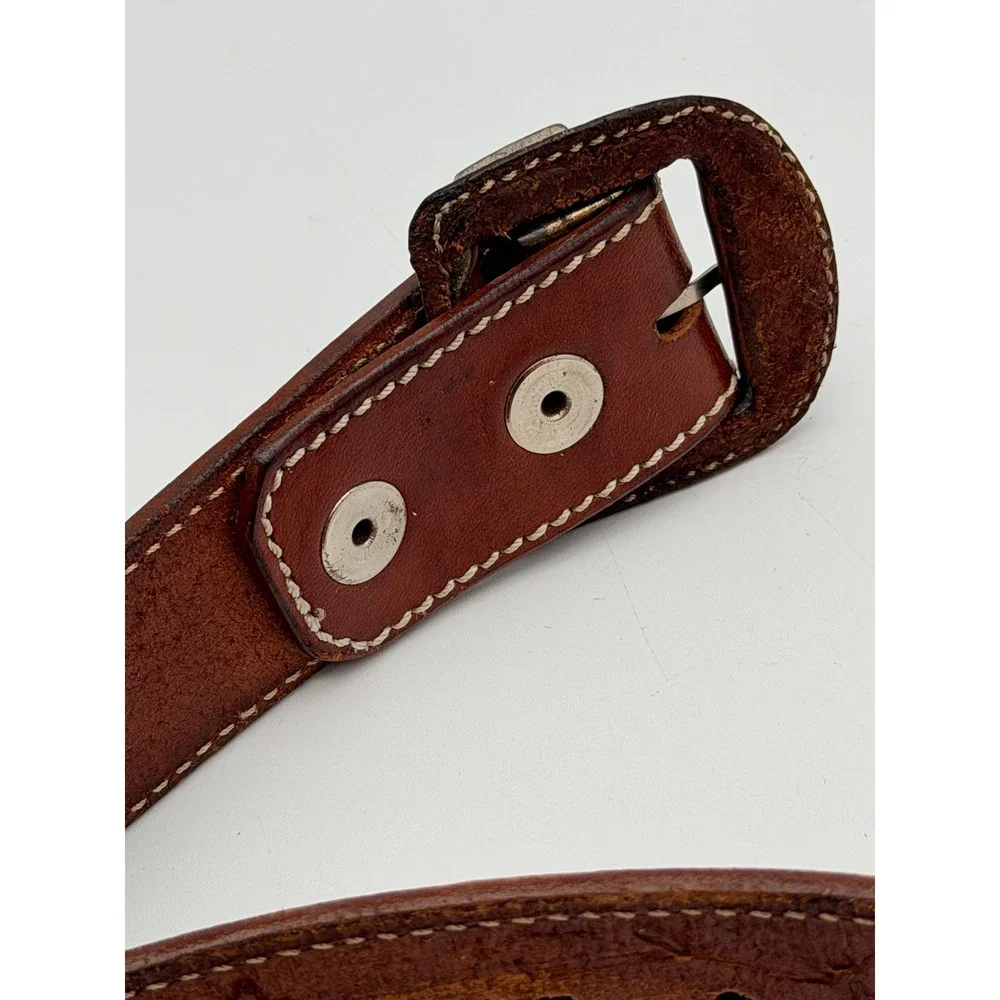 Vintage Hugo Boss Brown Leather Western Ranger Belt Silver Engraved Hardware 85